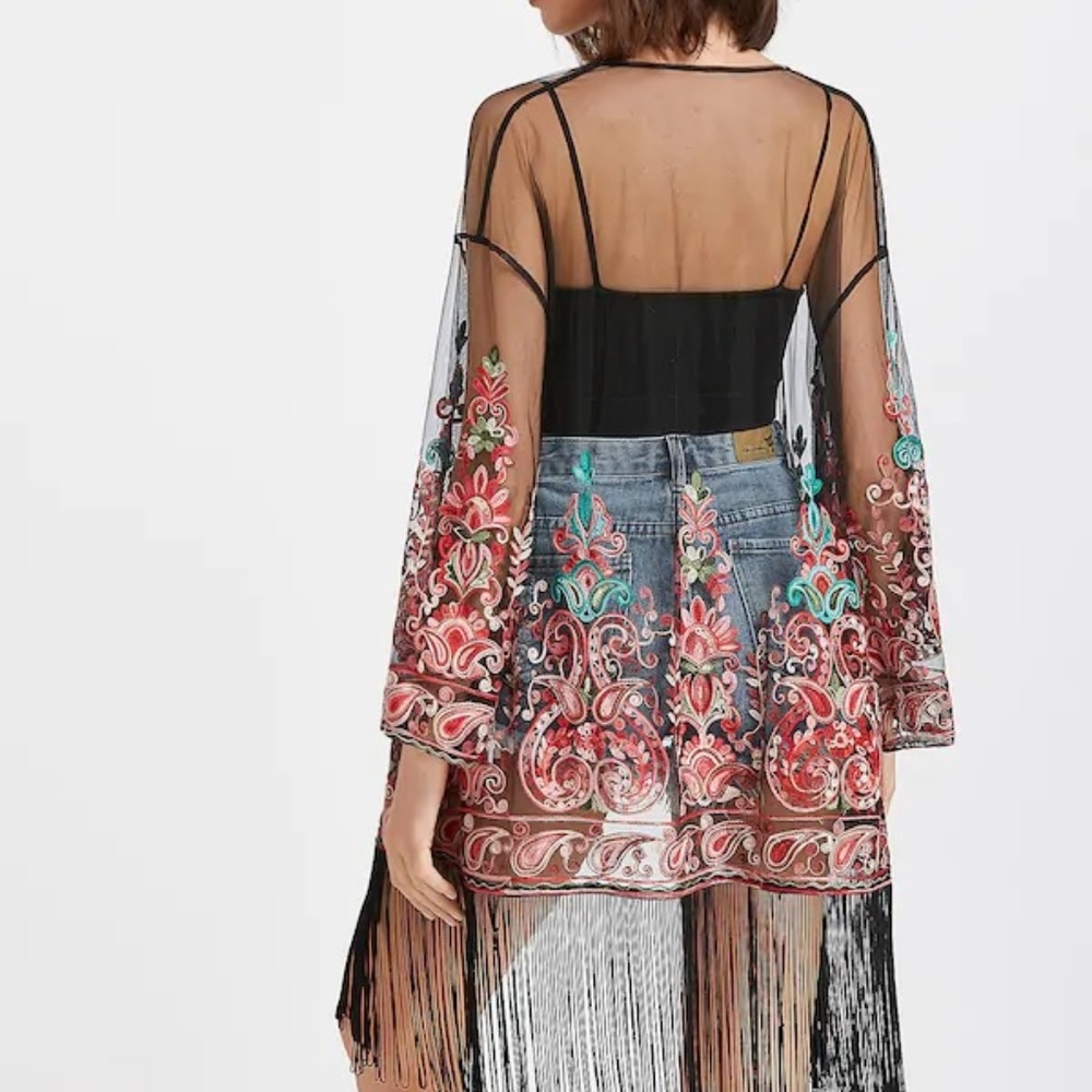 Last one!! Floral Embroidered Kimono with Fringe - Picture 2 of 2